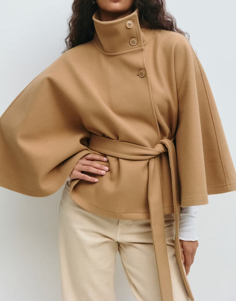 Solid color stand collar button belt cape trench coat