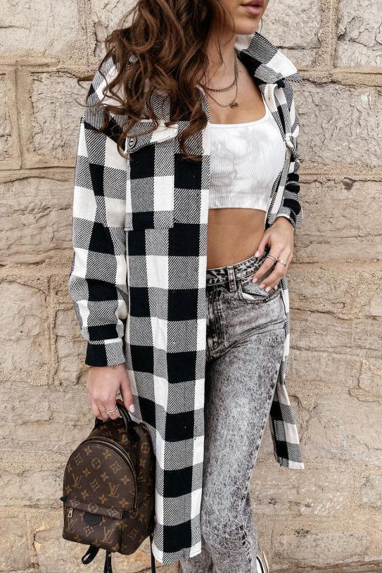 Einreihige karierte Hemdjacke mit langem Revers