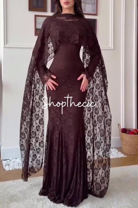 Abito lungo aderente con scialle in pizzo marrone Eroded Glamour