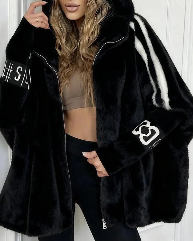 Elastic sleeves Vertical Stripe Printed Plush Hooded Coat