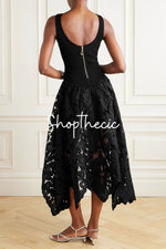 Black knit vest patchwork openwork skirt midi dress