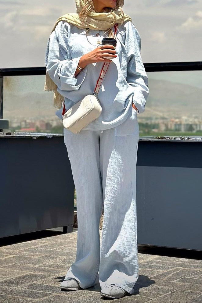 Long-sleeved lapel loose wrinkled shirt and wide-leg pants suit