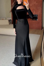 Draped in Moonlight Black long-sleeved fitted evening gown