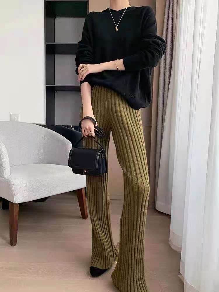 High-waisted draped pitted straight-leg loose knit trousers