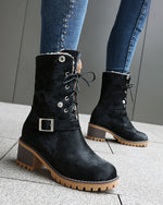 Two-way lace-up thick-heeled warm furry low boots