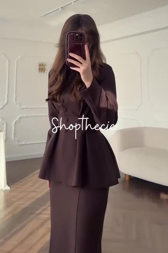 Retro-style feminine long-sleeved V-neck fitted top and bodycon long skirt set
