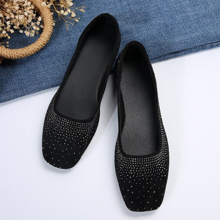 Diamond-studded black matte round-toe flat shoes