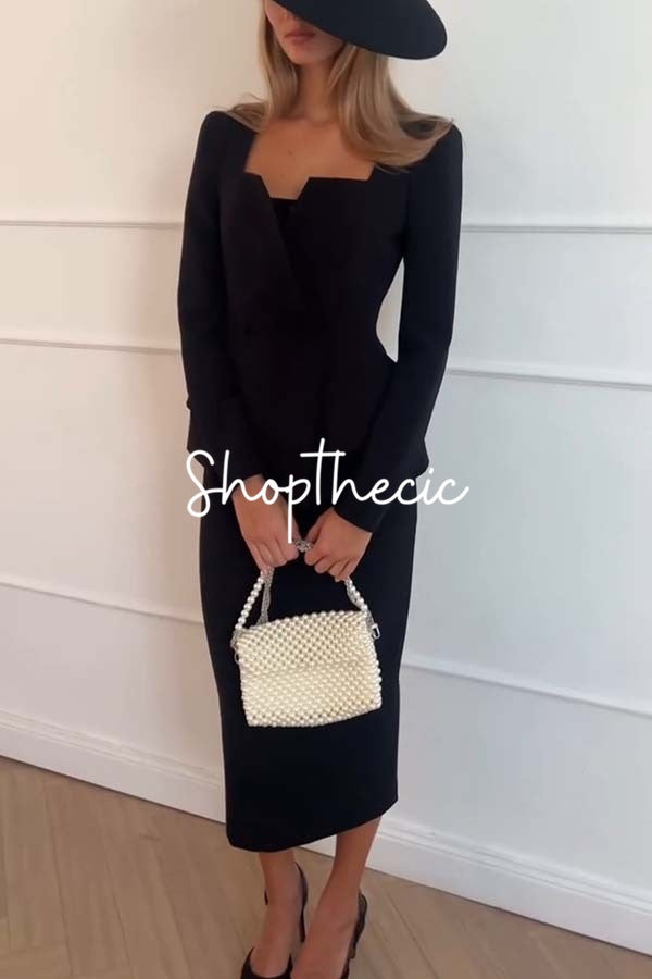 Square neckline fitted waist blazer and skirt two-piece set