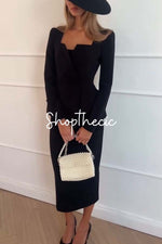 Square neckline fitted waist blazer and skirt two-piece set