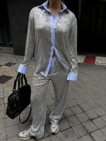 Loose casual sequined suit jacket and wide-leg pants two-piece suit