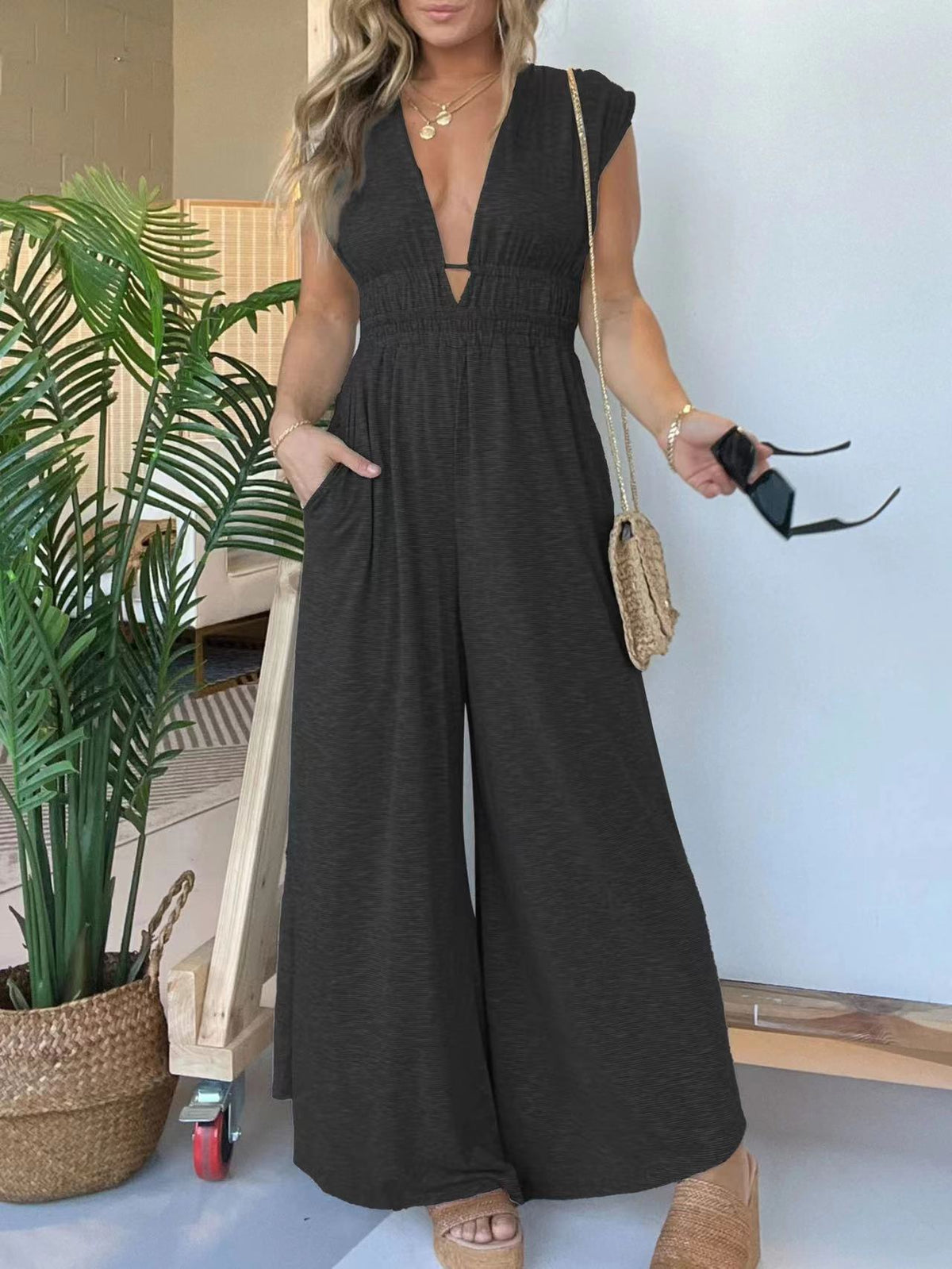 V-neck Elastic Waist Wide Leg Jumpsuit