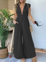 V-neck Elastic Waist Wide Leg Jumpsuit