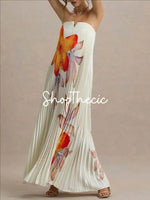 White printed strapless pleated maxi dress