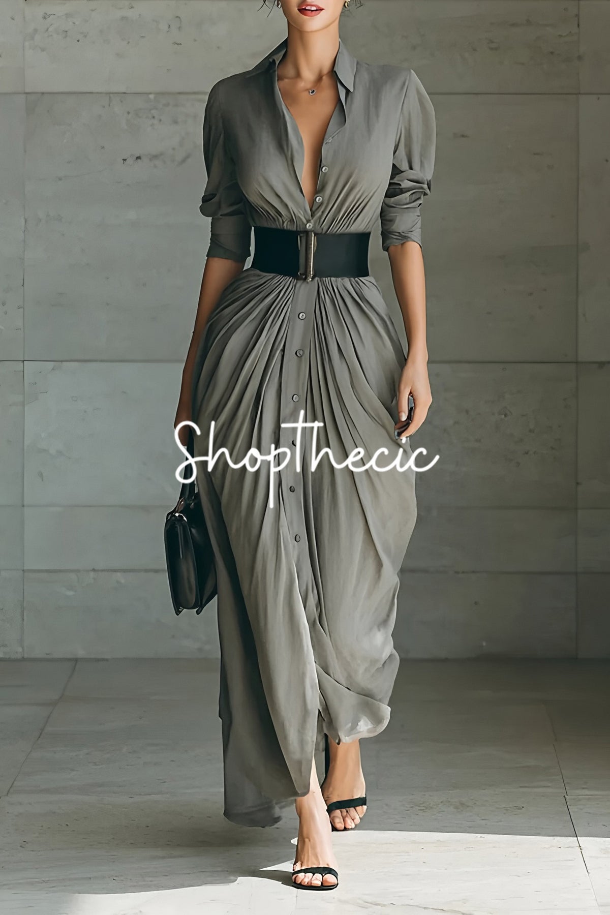 Robe longue chemise boutonnée à col minimaliste