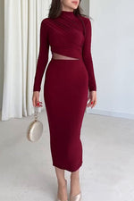Solid color long sleeve high collar exposed waist hip slim dress