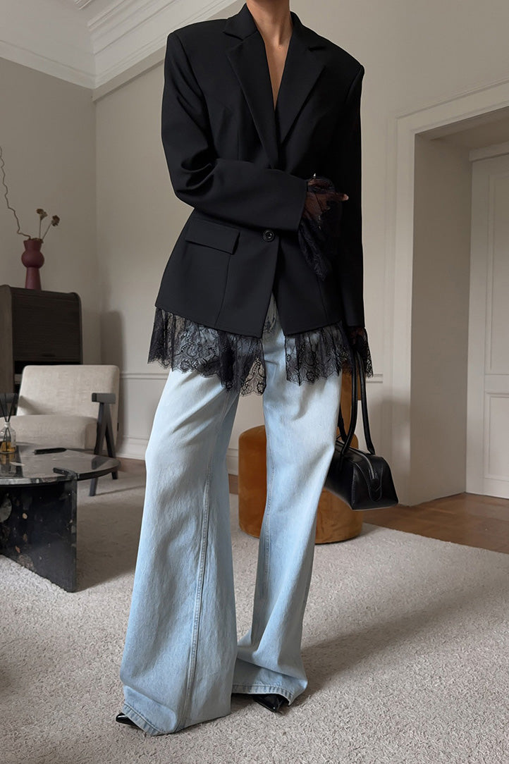 Schwarzer langärmliger Spitzen-Patchwork-Taillenanzug