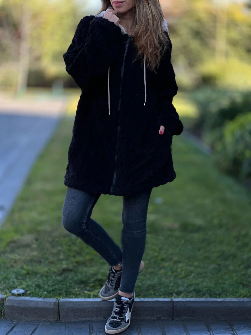 Mittellange Vintage-Strickjacke mit Kapuze und Reißverschluss