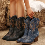 Western cowboy pointed toe slip-on chunky heel ankle boots