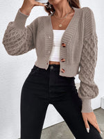V-neck drop shoulder sleeve button-down cropped knitted cardigan