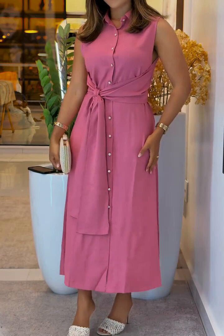 Sleeveless Belted Button-Up Midi Shirt Dress