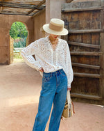 Cotton embroidered collarless cutout white shirt