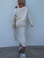 Solid Color V-Neck Long Sleeve Sweatshirt Suspender Slim Maxi Dress Two Piece Set