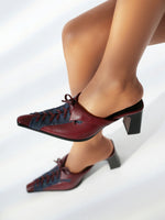 Square high heel pointed toe lace-up stitching mules