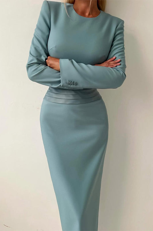 Solid Color Long Sleeve Zipper Top Slit Hip-Wrap Long Skirt Set
