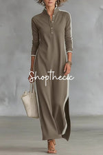 Minimalist White-trimmed Button-down Collar Sweatshirt Dress