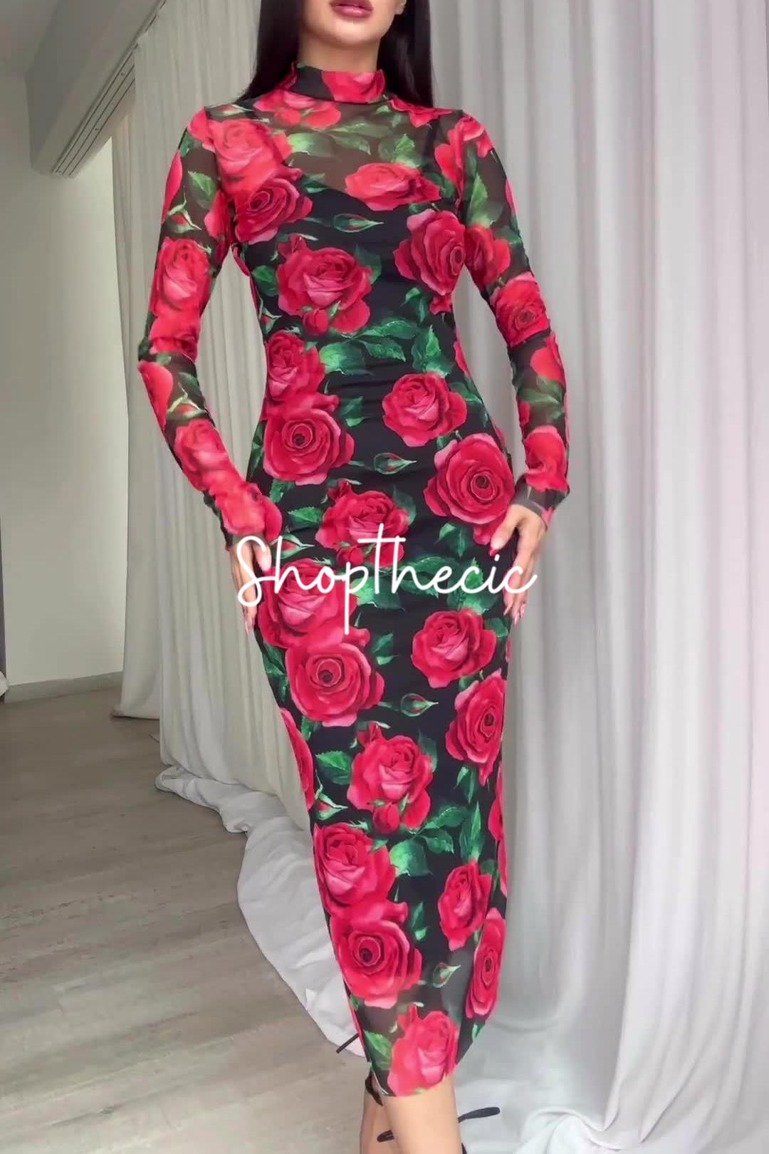 Large floral print fitted silhouette midi dress