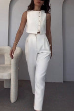 Sleeveless Button-Down Vest Top High-Waisted Cropped Pants Two-Piece Set