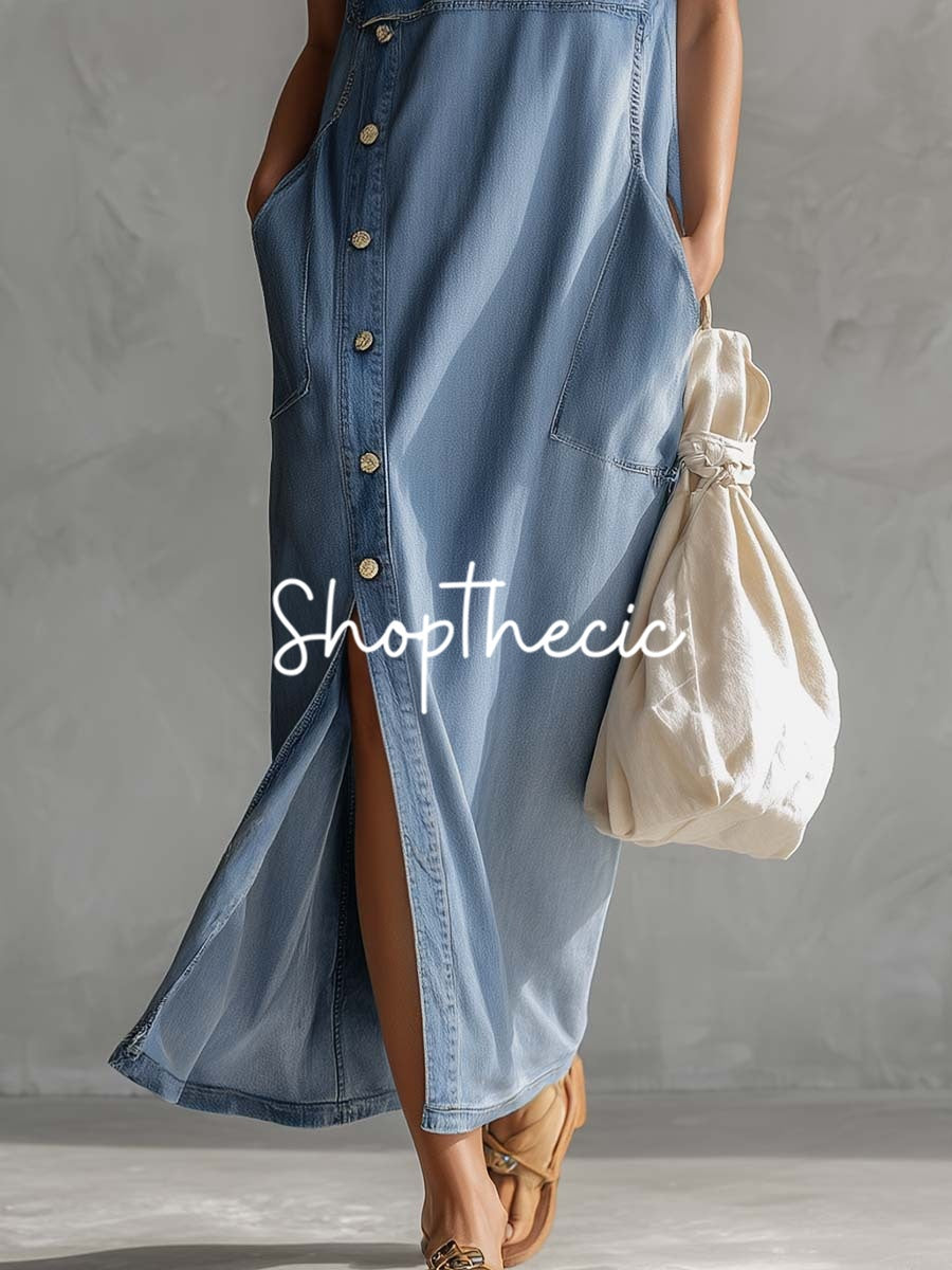 Minimalism Hooded Denim Sleeveless Maxi Dress