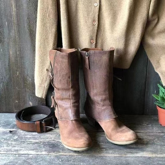 Bottes mi-montantes rétro vieillies à fermeture éclair latérale