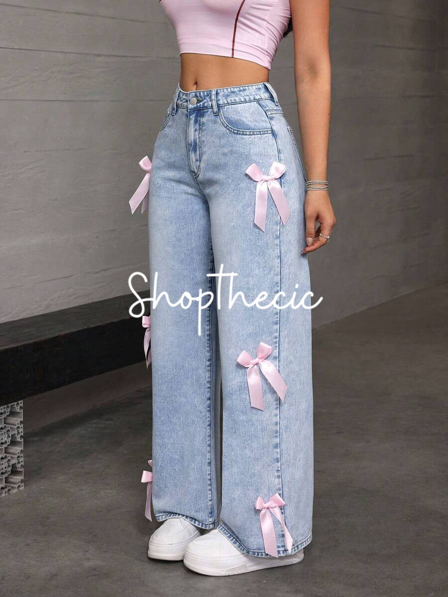 Bow-tie straight wide-leg washed jeans