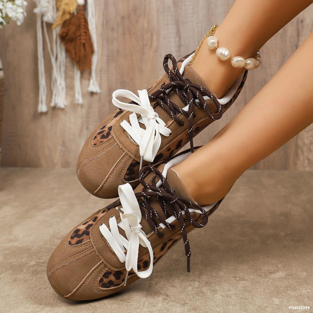 Retro leopard print double lace flat shoes