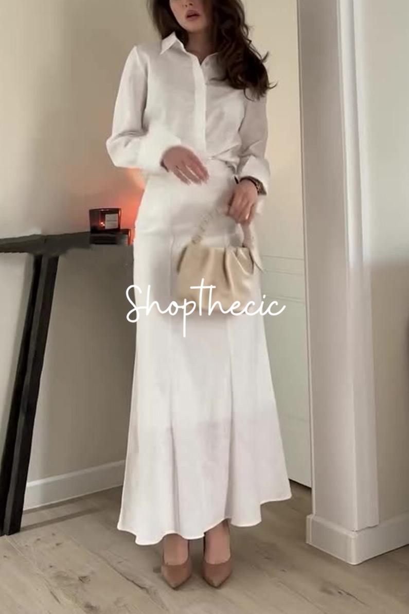 Commuter-style cotton linen shirt and skirt two-piece set