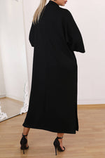 Rhinestone three-quarter sleeves loose-fitting stand-up collar slit dress