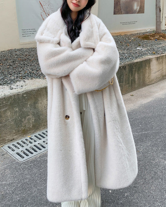 High stand-up collar double-breasted Faux Mink Fur Long Coat