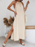 Woven Elegant Backless Halterneck Vacation Dress