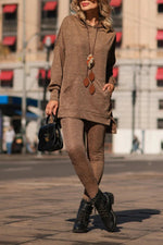 Solid Color Kangaroo Pocket Hooded Sweatshirt and Skinny Sweatpants Two-Piece Set