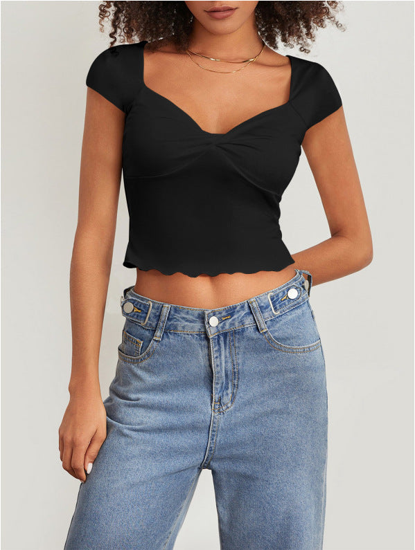 V-neck slim fit ruffled short-sleeved T-shirt