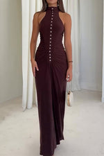 Sleeveless half-high collar multi-button slim-fit long dress