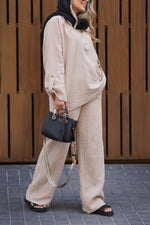 Long-sleeved lapel loose wrinkled shirt and wide-leg pants suit