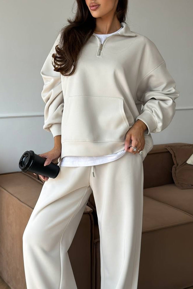 Zippered half-high collar pullover sweatshirt and wide-leg pants two-piece suit