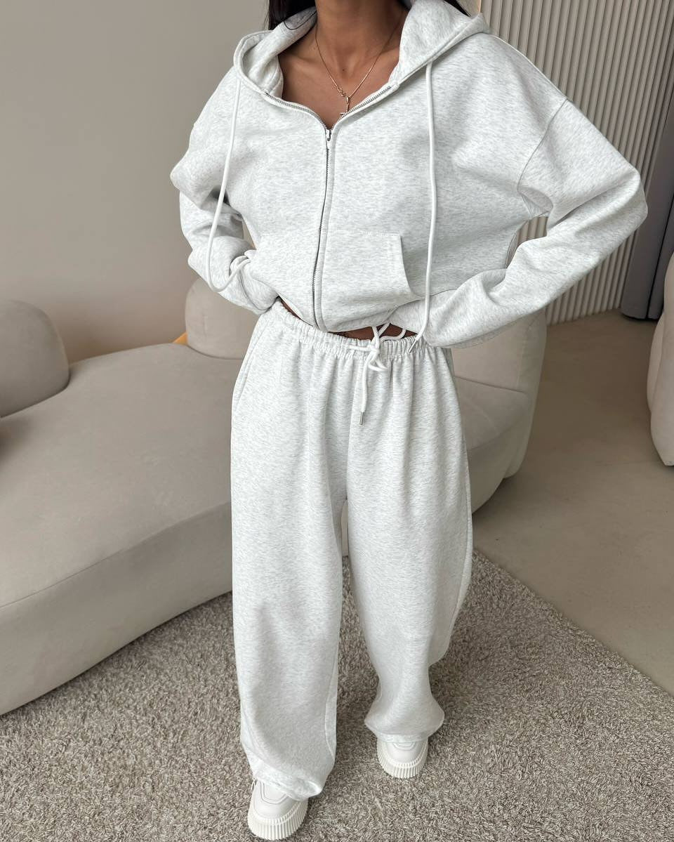 Zippered hooded sweatshirt and lace-up trousers two-piece set