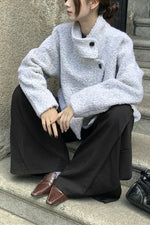 Grayish-white relaxed style stand-up collar short wool coat