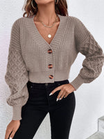 V-neck drop shoulder sleeve button-down cropped knitted cardigan