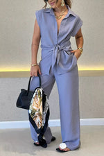 Tie-waist short-sleeved shirt and high-waisted pants two-piece set