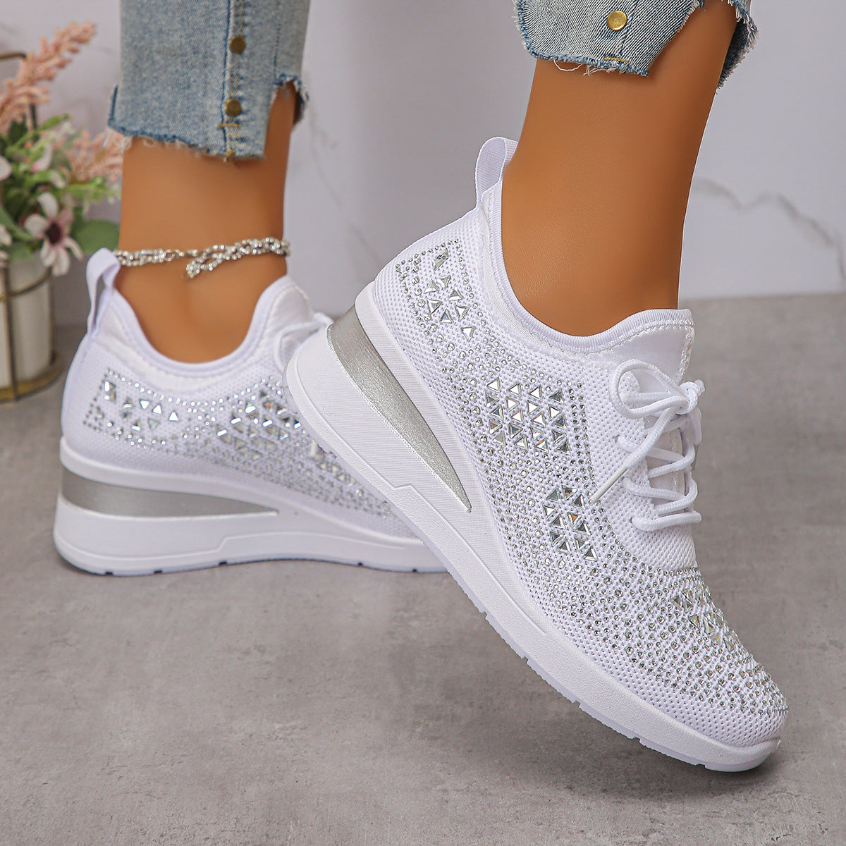 Rhinestones Woven Upper Hidden Heel lightweight walking shoes