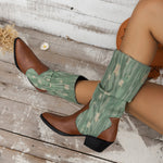 Bottes mi-mollet à talon bloc et empiècements en toile style ancien effet vieilli